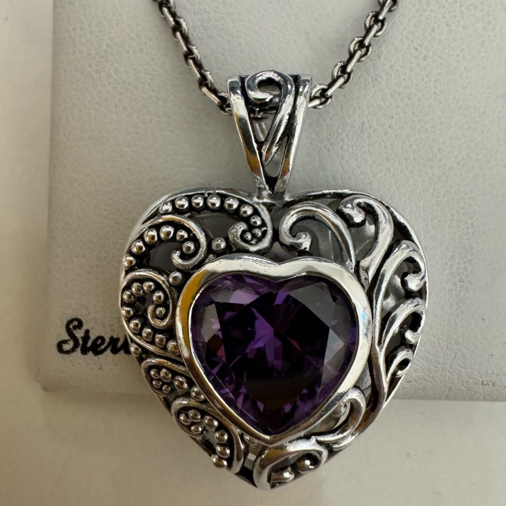 Sterling Silver Heart Pendant Purple Amethyst CZ Necklace Romantic Gift for her